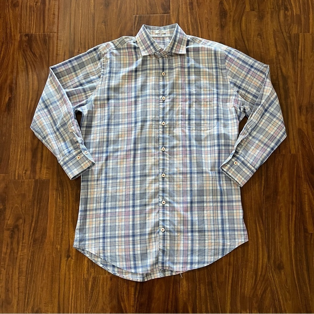 Peter Millar Men’s Cotton Blue Red Orange Plaid Button Down Short size medium